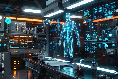 futuristic medical lab with holographic displays showing detailed anatomy, showcasing advanced technology in medicine and health care, medical technology concept photo