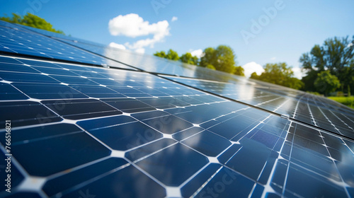 Close up portrait of solar panels array installed on roof top  sky and tree tops