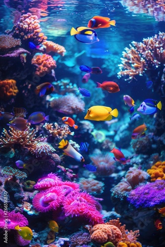 A colorful fish tank with many different colored fish swimming around. The fish are in various sizes and colors, including blue, yellow, and orange. The tank is filled with a variety of coral