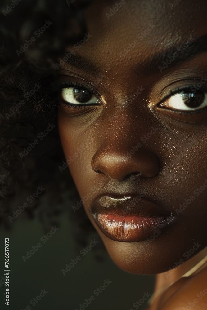 A woman with dark hair and a dark skinned face. She has a dark nose and lips A woman with dark hair and a dark skinned face. She has a dark nose and lips