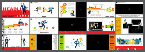 Business presentation, powerpoint, infographic design template colorful, black elements, white background. Start a business. A team of people creates a business. Financial work. Use of flyers, job
