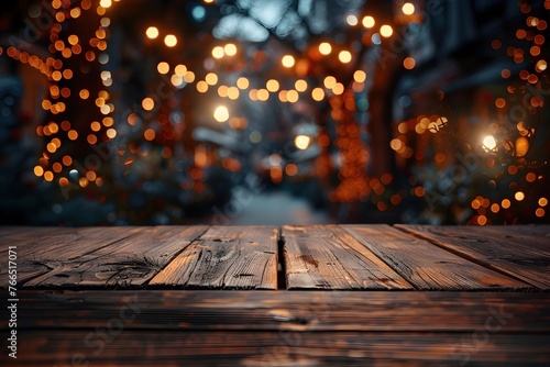 empty brown wooden floor or wood board table with blurred abstract night light bokeh in city background, copy space for display of product or object presentation