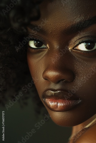 A woman with dark hair and a dark skinned face. She has a dark nose and lips