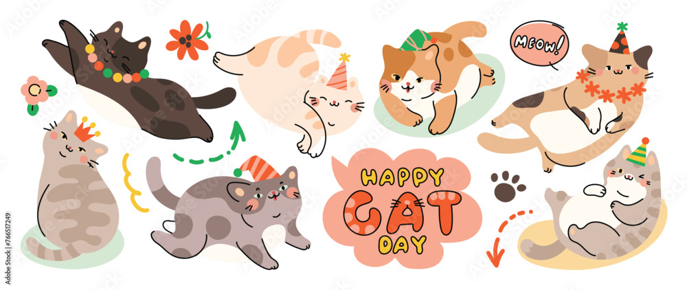 Cute cats and funny kitten doodle element vector. Happy international cat day characters design collection with flat color in different poses. Set of adorable pet animals isolated on white background. - obrazy, fototapety, plakaty 