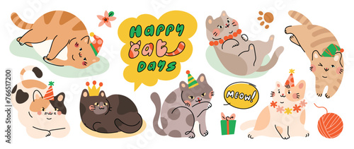 Cute cats and funny kitten doodle element vector. Happy international cat day characters design collection with flat color in different poses. Set of adorable pet animals isolated on white background. © TWINS DESIGN STUDIO