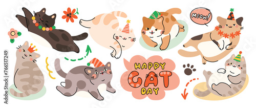 Cute cats and funny kitten doodle element vector. Happy international cat day characters design collection with flat color in different poses. Set of adorable pet animals isolated on white background.