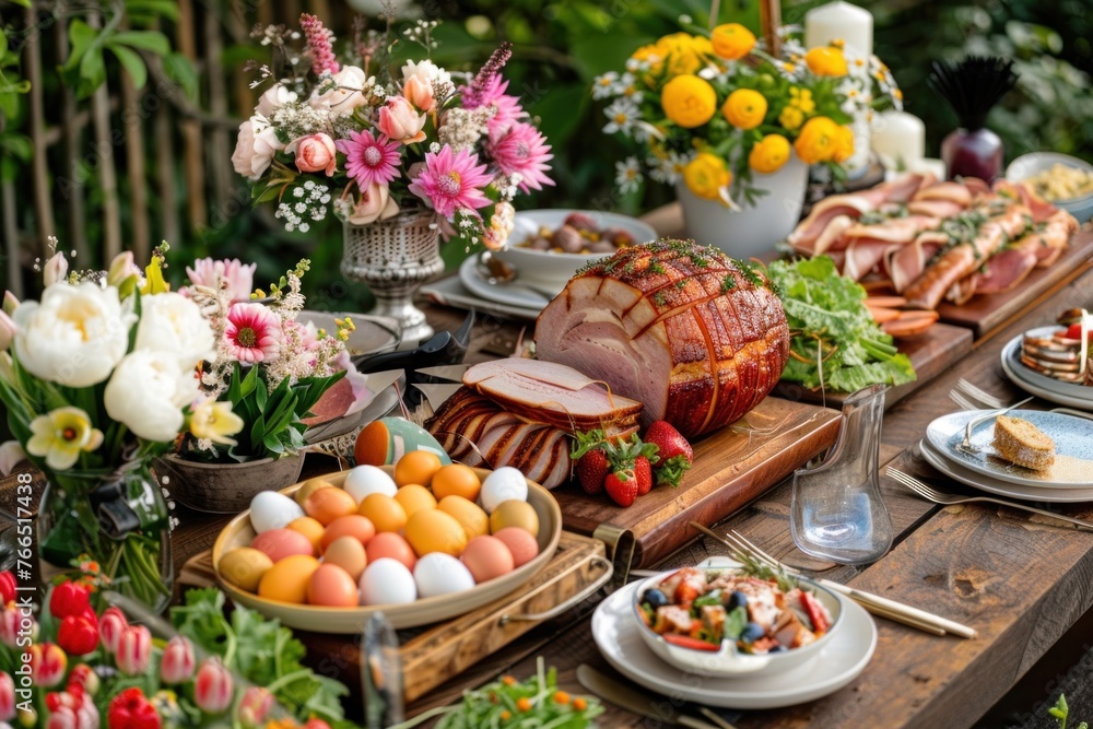 Exquisite Easter Brunch Table Set-Up with Vibrant Flowers, Savory Ham, Colorful Eggs, and Delectable Food Spread for Family Gathering