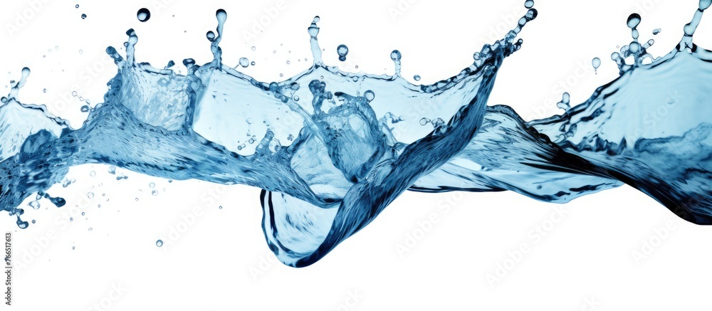 Obraz premium Captured in detail, a mesmerizing blue water splash frozen in action against a plain white background, creating a striking contrast
