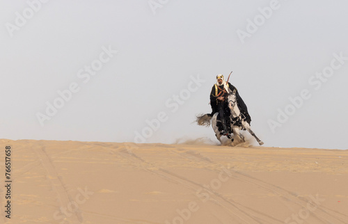 Saudi Man with his white stallion in a desert