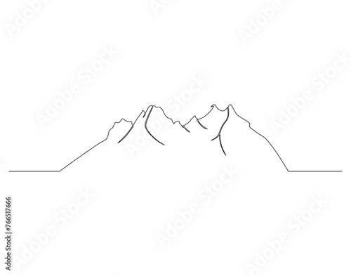 Continuous line drawing of mountain range. Mounts and high peak in simple line. Mountain continuous line art. Editable outline.
