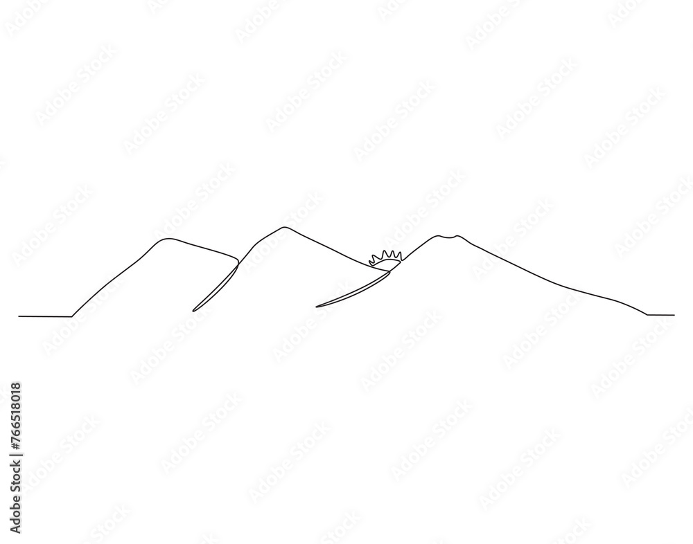 Continuous line drawing of mountain range. Mounts and high peak in simple line. Mountain continuous line art. Editable outline. Continuous line drawing of mountain range. Mounts and high peak in simple line. Mountain continuous line art. Editable outline.