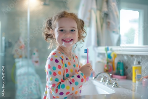 Young girl with foamy toothpaste on her mouth, happily holding a toothbrush in a bright bathroom