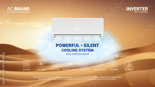 Promo banner of air conditioner. Realistic vector illustration with air conditioner with cooling air in hot desert. Modern split system climate control for home. Product mockup concept.