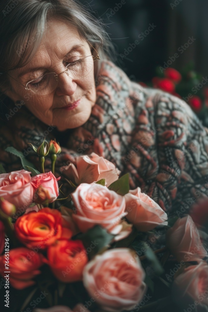 A woman is sitting in front of a bouquet of flowers. She is wearing glasses and a sweater A woman is sitting in front of a bouquet of flowers. She is wearing glasses and a sweater