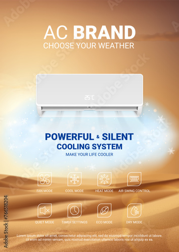 Ad poster of air conditioner. Realistic vector illustration with air conditioner with cooling air in hot desert. Modern split system climate control for home. Product mockup concept.