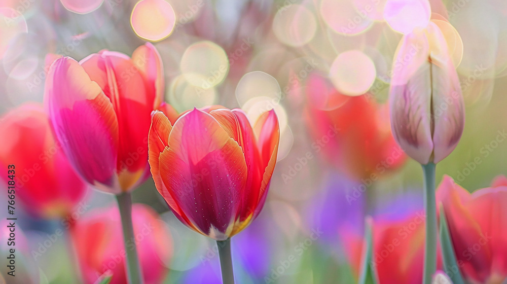 background with tulip flower bokeh in red and pink and orange