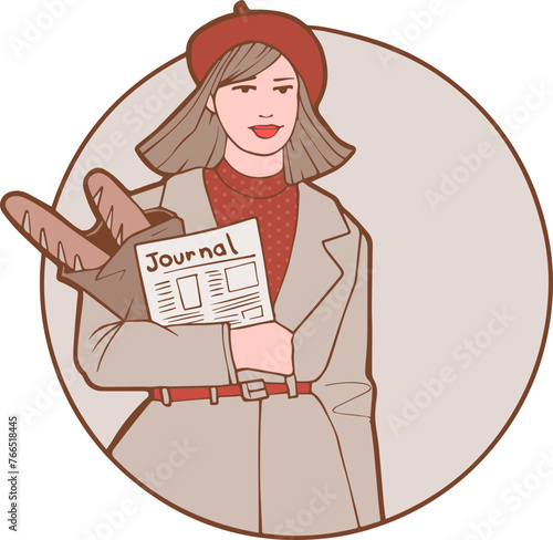 Femme avec un béret qui porte des baguettes de pain et le journal