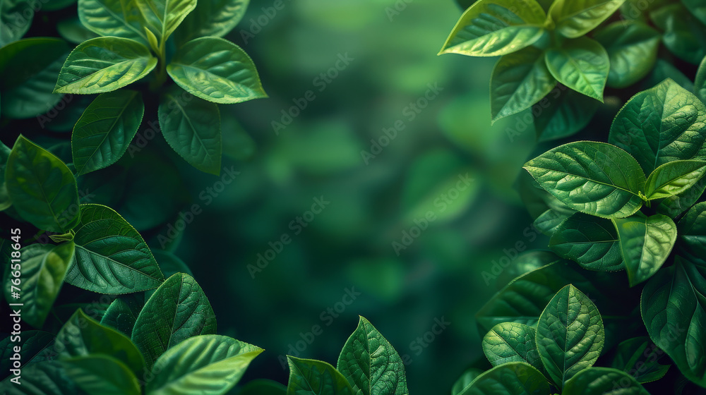 Close-up of dense green leaves with a dark background. - obrazy, fototapety, plakaty 