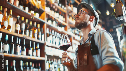 Bartender or male cavist standing near the shelves of wine bottles holds a glass of wine photo