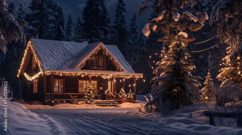 beautiful snowy Christmas winter house. Hut in the wild in winter © Daisha