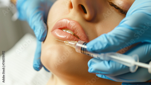 young woman gets injection of botox in her lips.