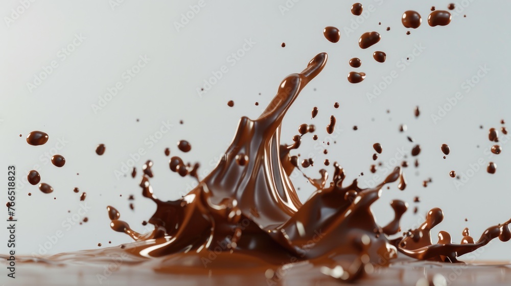A splash of chocolate is shown in a white background. Concept of excitement and indulgence, as the chocolate is depicted as a vibrant and dynamic force. The contrast between the rich A splash of chocolate is shown in a white background. Concept of excitement and indulgence, as the chocolate is depicted as a vibrant and dynamic force. The contrast between the rich
