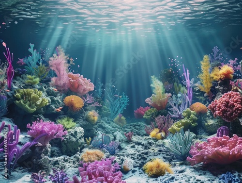 A colorful coral reef with a variety of fish swimming around. The bright colors of the fish and coral create a lively and vibrant atmosphere