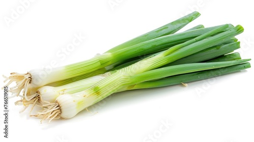 A bunch of green onions are on a white background. The onions are fresh and ready to be used in a meal