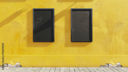 Two black frames are on a yellow wall. Scene is simple and minimalistic
