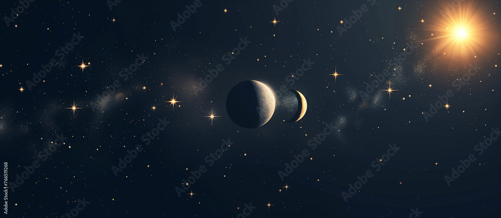 Mystical Night sky background with half moon, clouds and stars. illustration.