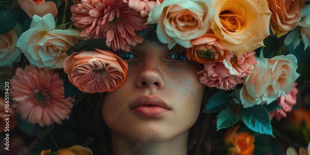 A woman is wearing a flower crown and has her face hidden by the flowers. The image has a whimsical and playful mood, as the woman is surrounded by a variety of colorful flowers A woman is wearing a flower crown and has her face hidden by the flowers. The image has a whimsical and playful mood, as the woman is surrounded by a variety of colorful flowers