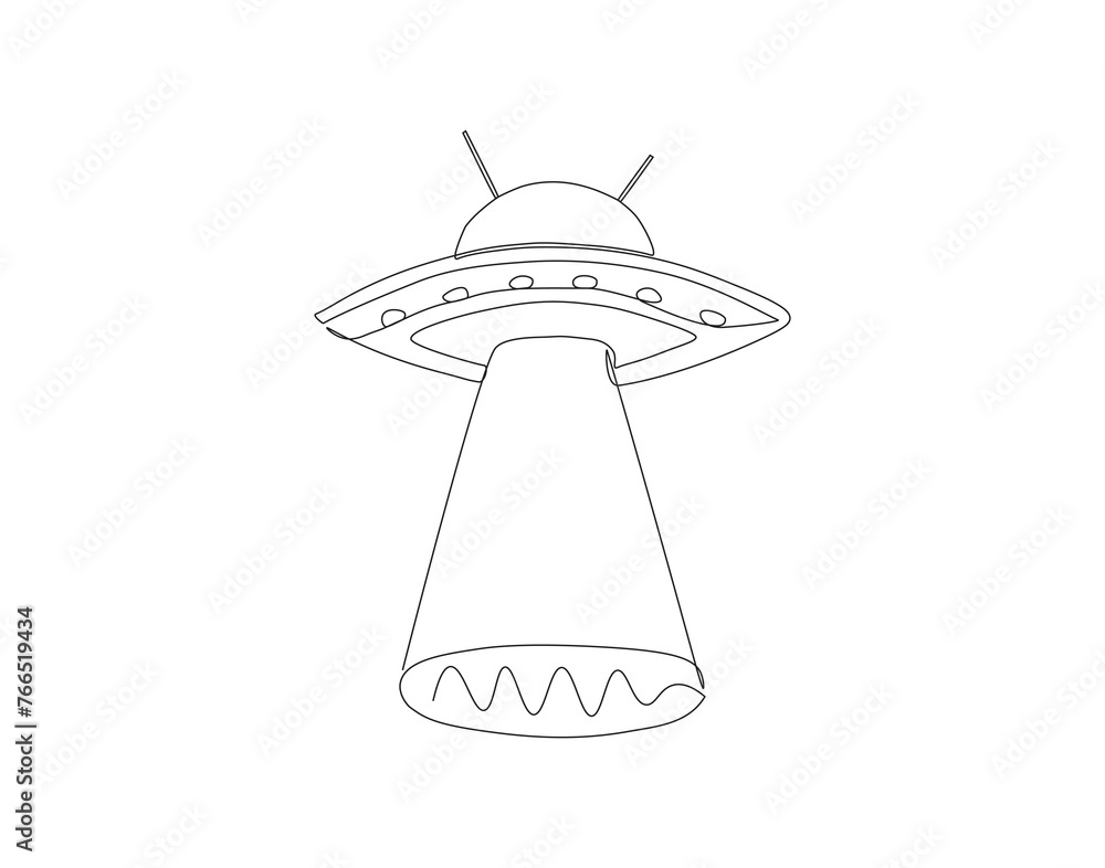 Continuous line drawing of UFO. One line of outer space concept. UFO continuous line art. Editable outline.