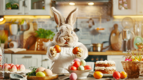 Cute bunny in white chef apron stands at table with Easter cakes, sweets biscuit at kitchen. Fluffy rabbit holding red Easter eggs in his paw. Food, pastry, culinary show concept. Holiday card, poster