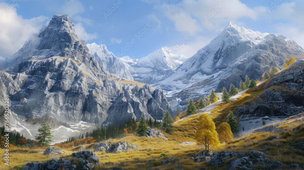 Beautiful mountain views in autumn on very high mountains partially covered with snow, steep rock walls and grasslands