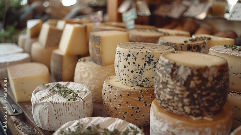 Variety of cheese wheels on display at a market.
