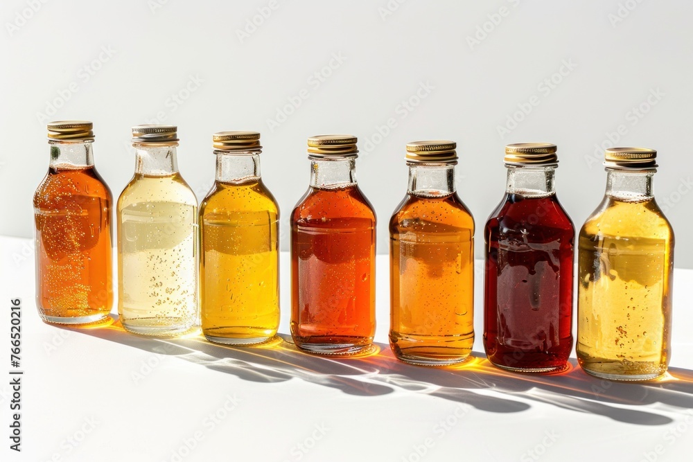 Collection of Various Grades of Maple Syrup in Glass Bottles on White Background, Assortment of Gourmet Organic Syrups Displayed in Elegant Packaging Collection of Various Grades of Maple Syrup in Glass Bottles on White Background, Assortment of Gourmet Organic Syrups Displayed in Elegant Packaging