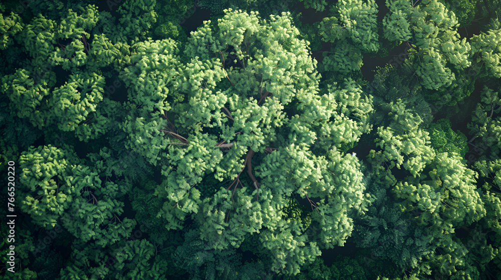 Aerial rainforest tree dense with evergreen leaves, Aerial view of green pine forest with dark spruce trees. Northern woodland scenery from above, Generative AI  - obrazy, fototapety, plakaty 