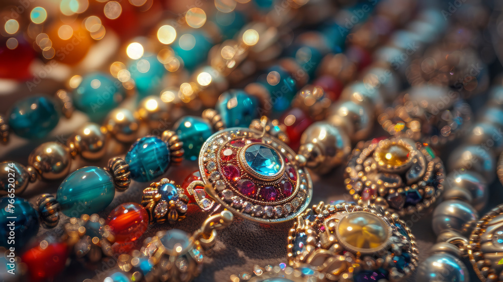 Close-up of various ornate jewelry pieces Close-up of various ornate jewelry pieces