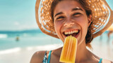Enjoyment Under the Sun - Young White Female Eating Ice Cream at Beach