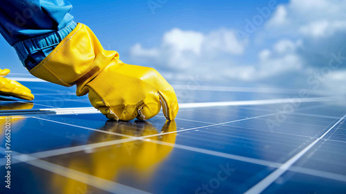 Portrait of hand on solar panels, electrical technician installing solar panels on roof top wearing safety equipments and electrical gloves photo