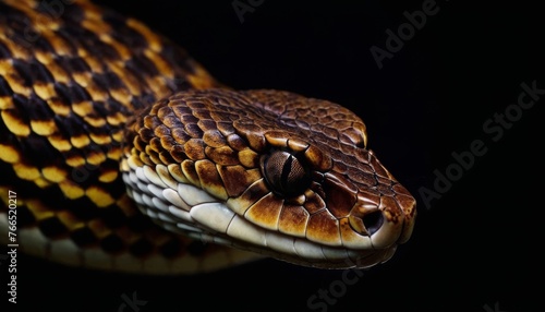 The image focuses on the textured scales of a coiled snake, its eyes sharp and alert, embodying both the danger and beauty of these reptiles.