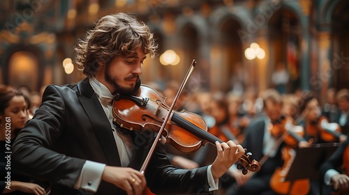 A male violinist with tousled hair intently plays in a formal orchestra, his dynamic bowing capturing the performance's fervor against a blurred backdrop of fellow musicians.