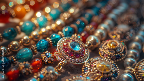 Close-up of various ornate jewelry pieces