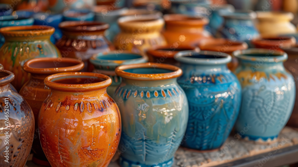 A variety of colorful ceramic pots lined up