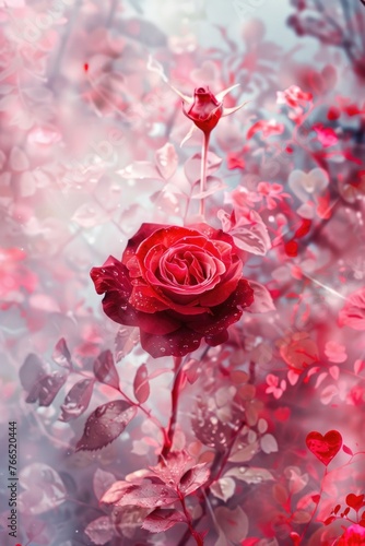 A red rose is the main focus of the image  surrounded by pink flowers and leaves. Scene is romantic and delicate  with the rose being the centerpiece of the scene