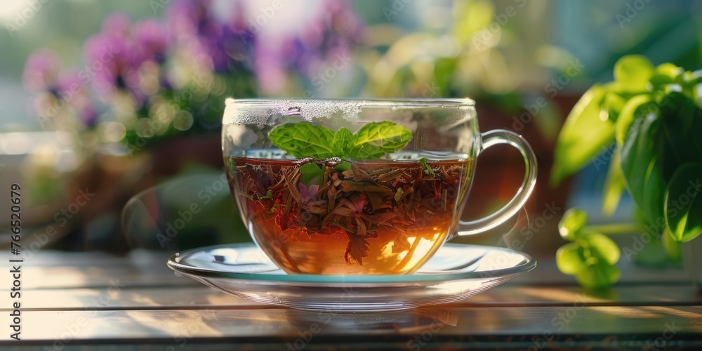 A cup of tea with a mint leaf floating in it. The cup is on a saucer and is placed on a wooden table. The table is surrounded by potted plants, giving the scene a cozy and relaxing atmosphere A cup of tea with a mint leaf floating in it. The cup is on a saucer and is placed on a wooden table. The table is surrounded by potted plants, giving the scene a cozy and relaxing atmosphere