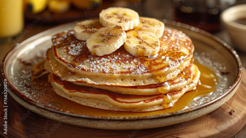 Stack of pancakes with syrup and bananas