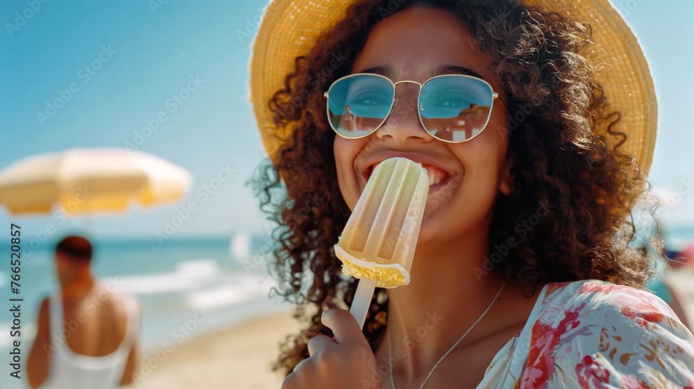 Fototapeta premium Joyful African American Woman with Popsicle on Summer Beach Day
