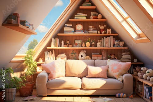 A cozy children room with toys, books and sofa modern interior, triangular frame house