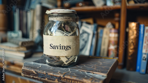 Jar labeled  Savings  with money inside